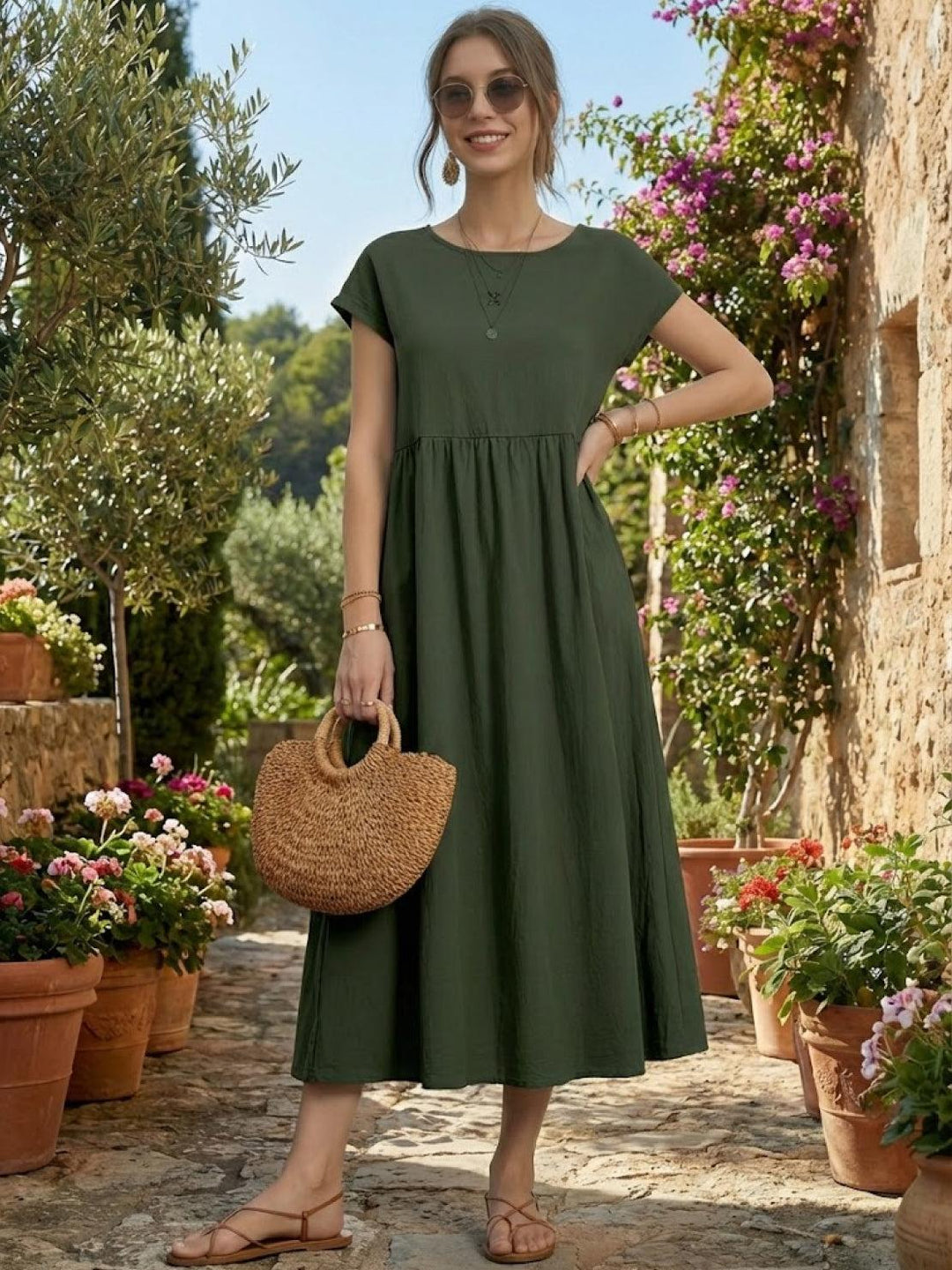 Capped-sleeve, Voluminous Pleated Midi Dress army green image 6 