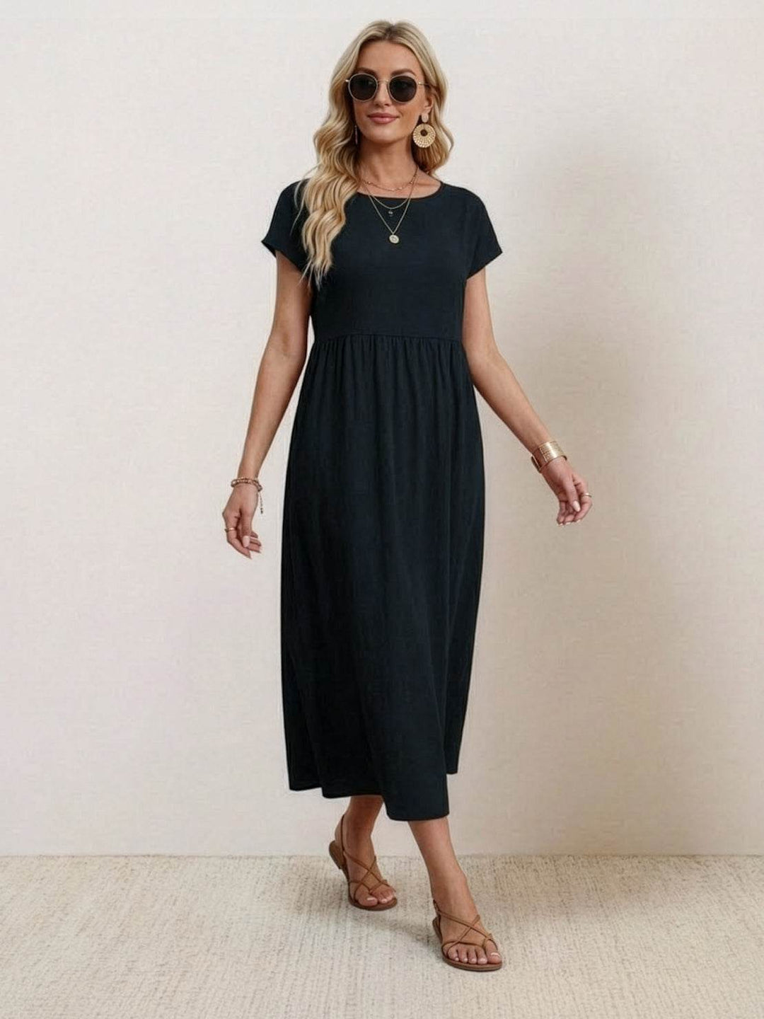 Capped-sleeve, Voluminous Pleated Midi Dress black image 1 