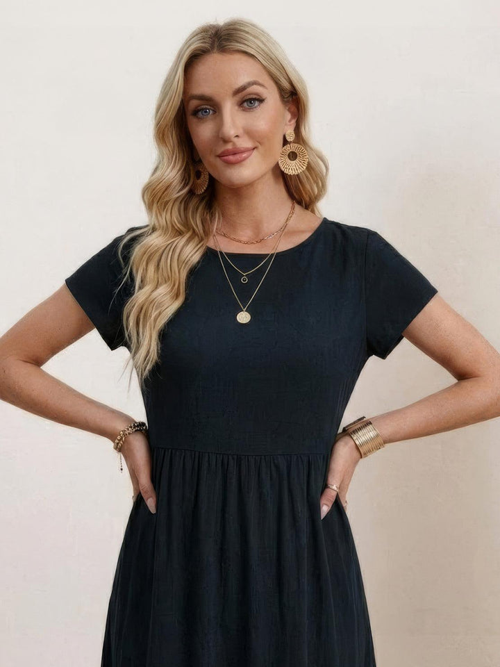 Capped-sleeve, Voluminous Pleated Midi Dress black image 3 