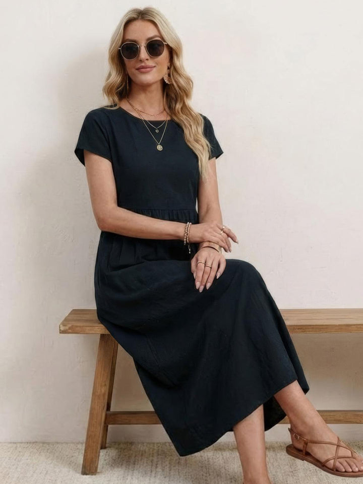 Capped-sleeve, Voluminous Pleated Midi Dress black image 5 