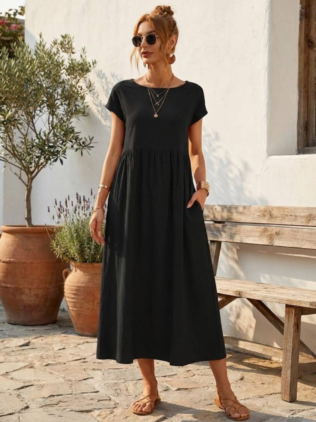 Capped-sleeve, Voluminous Pleated Midi Dress black image 6 