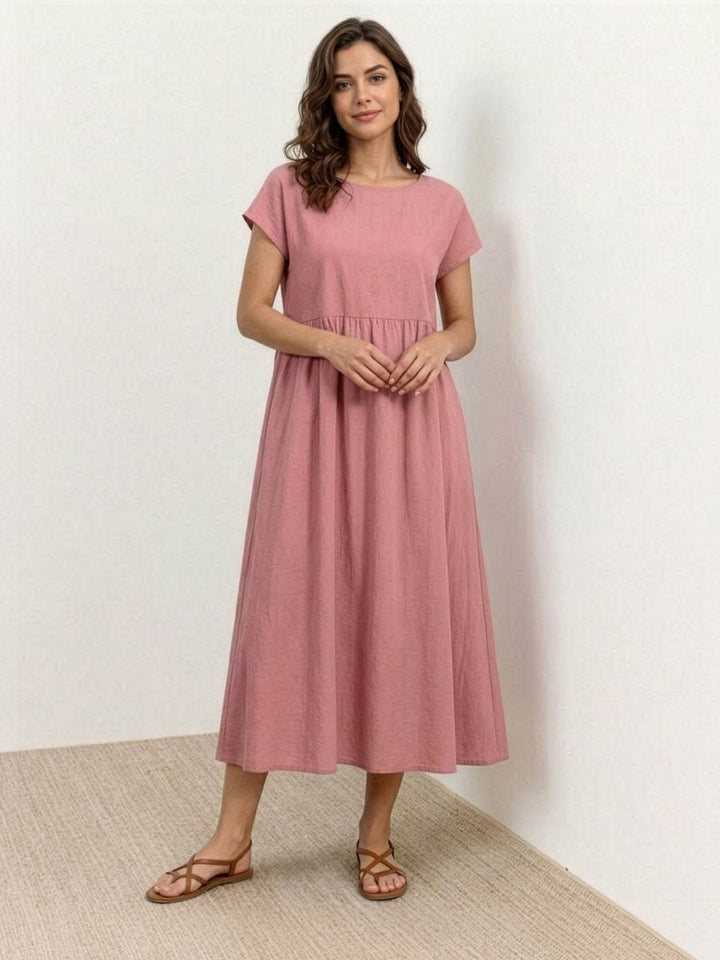 Capped-sleeve, Voluminous Pleated Midi Dress pink image 1 