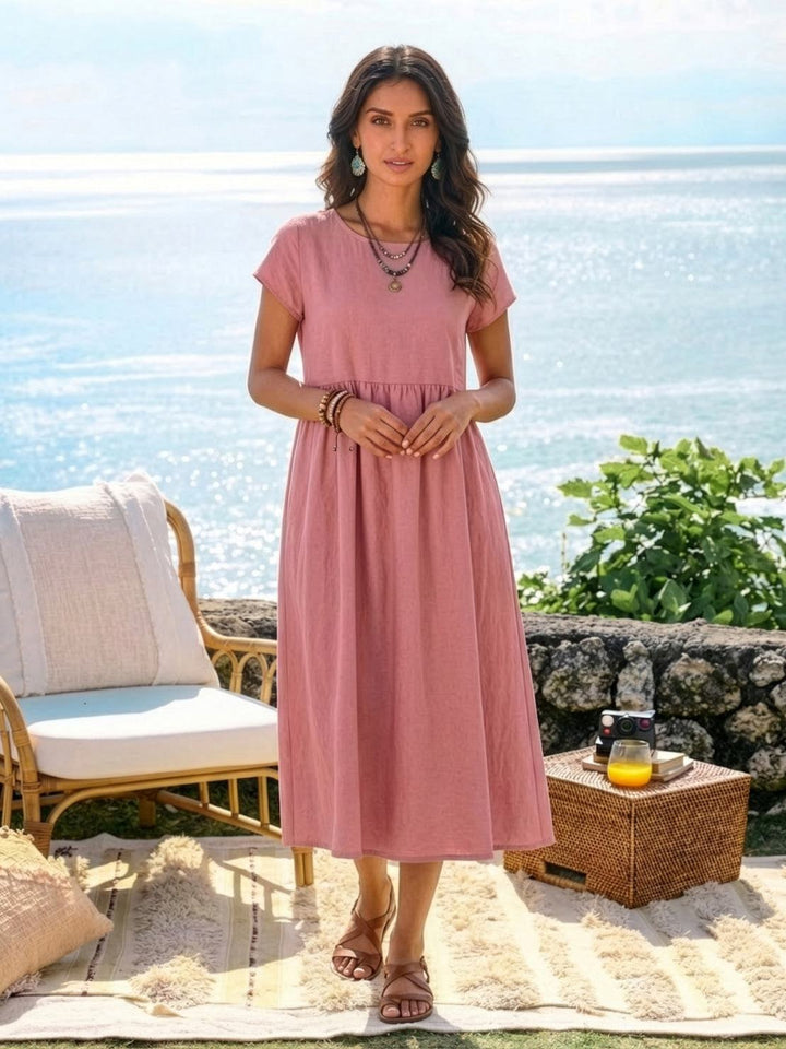 Capped-sleeve, Voluminous Pleated Midi Dress pink image 2 