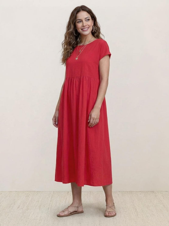 Capped-sleeve, Voluminous Pleated Midi Dress red image 1 