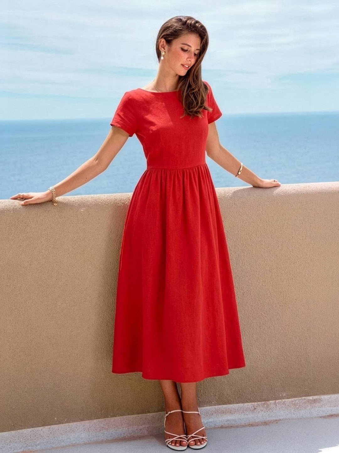 Capped-sleeve, Voluminous Pleated Midi Dress red image 2 