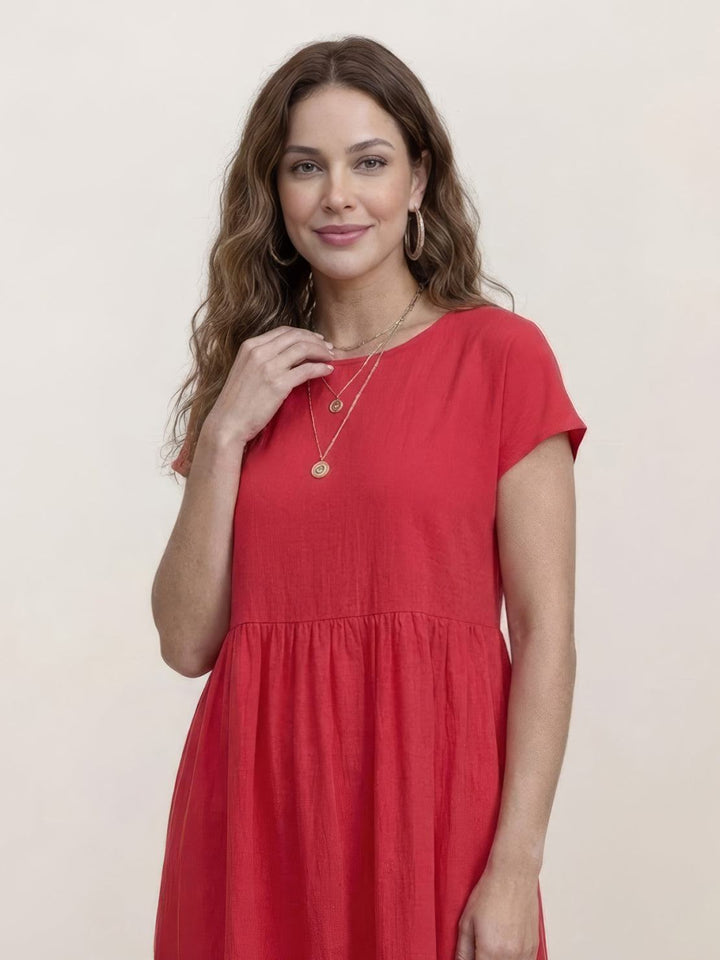 Capped-sleeve, Voluminous Pleated Midi Dress red image 3 