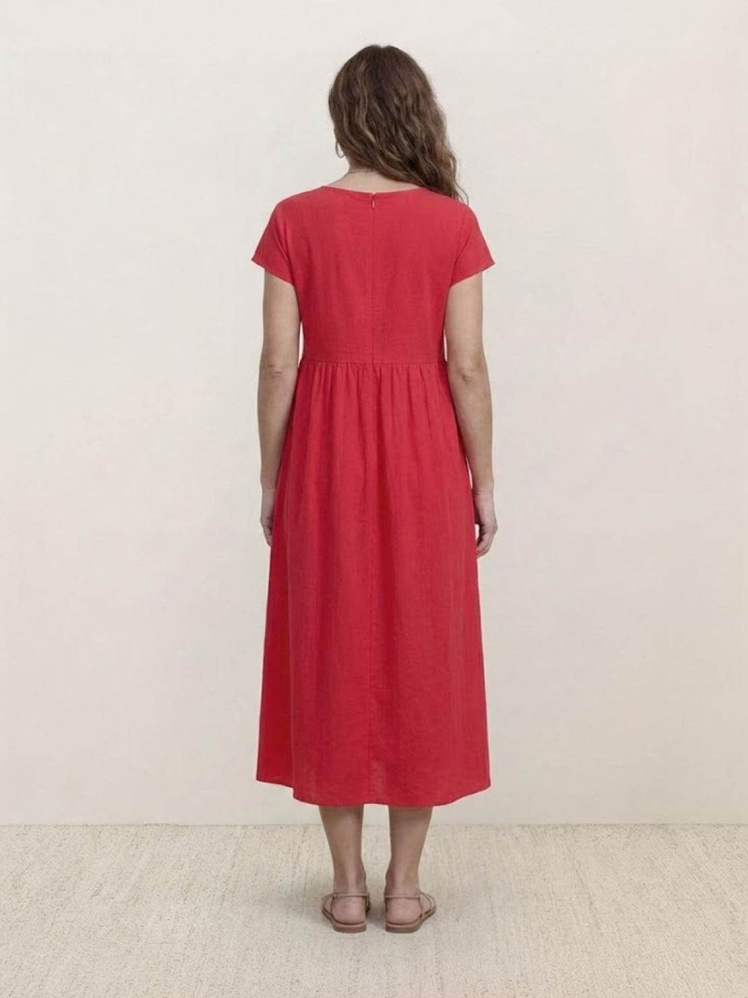 Capped-sleeve, Voluminous Pleated Midi Dress red image 4 