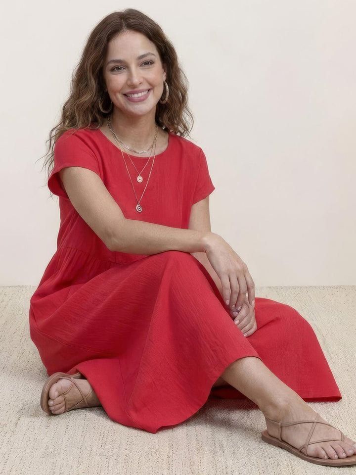 Capped-sleeve, Voluminous Pleated Midi Dress red image 5 