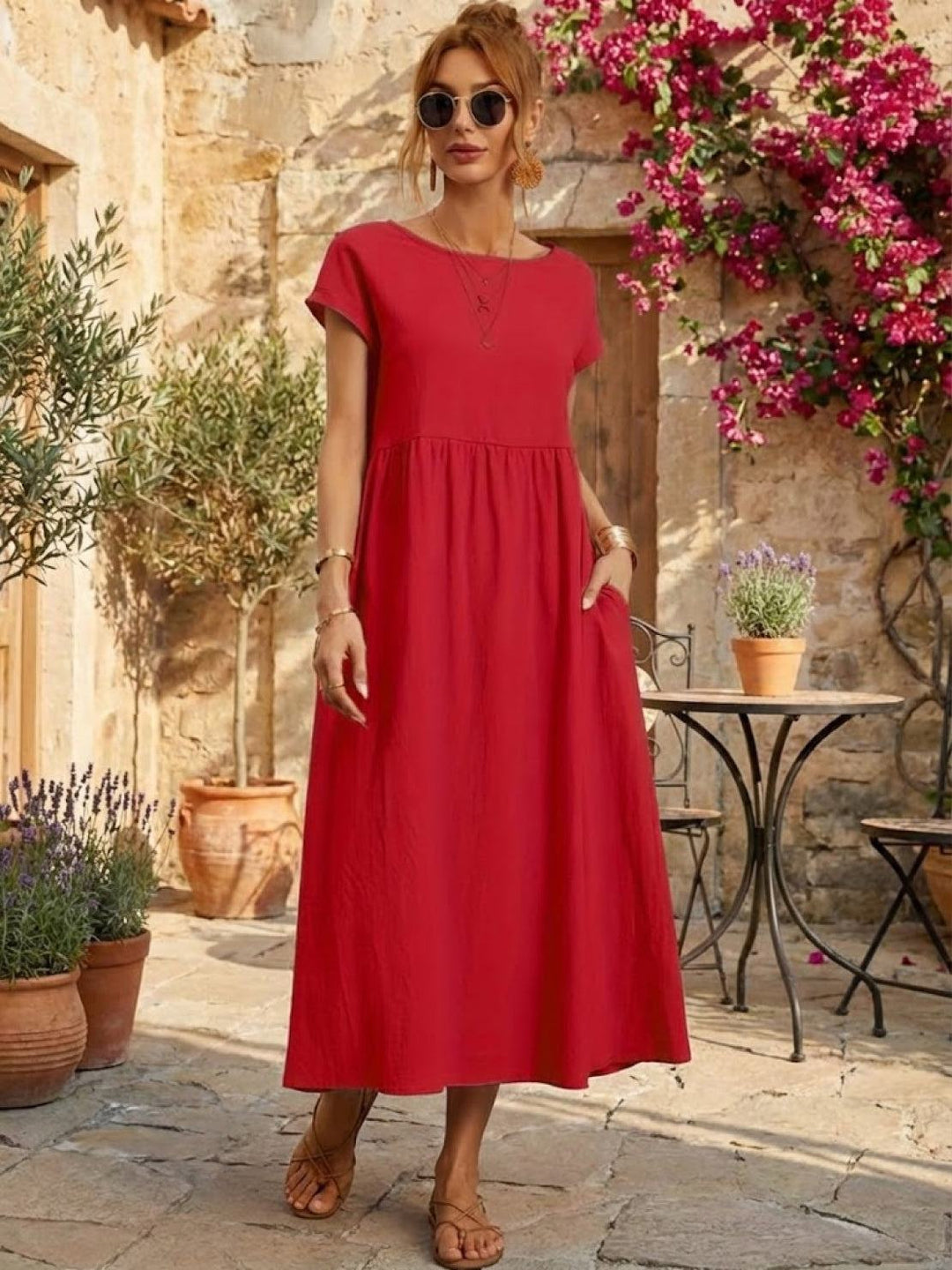 Capped-sleeve, Voluminous Pleated Midi Dress red image 6 