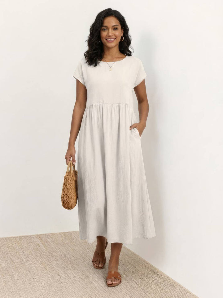 Capped-sleeve, Voluminous Pleated Midi Dress white image 1 