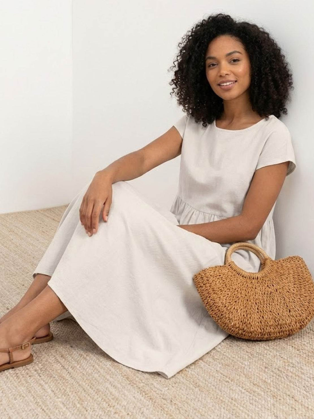 Capped-sleeve, Voluminous Pleated Midi Dress white image 5 