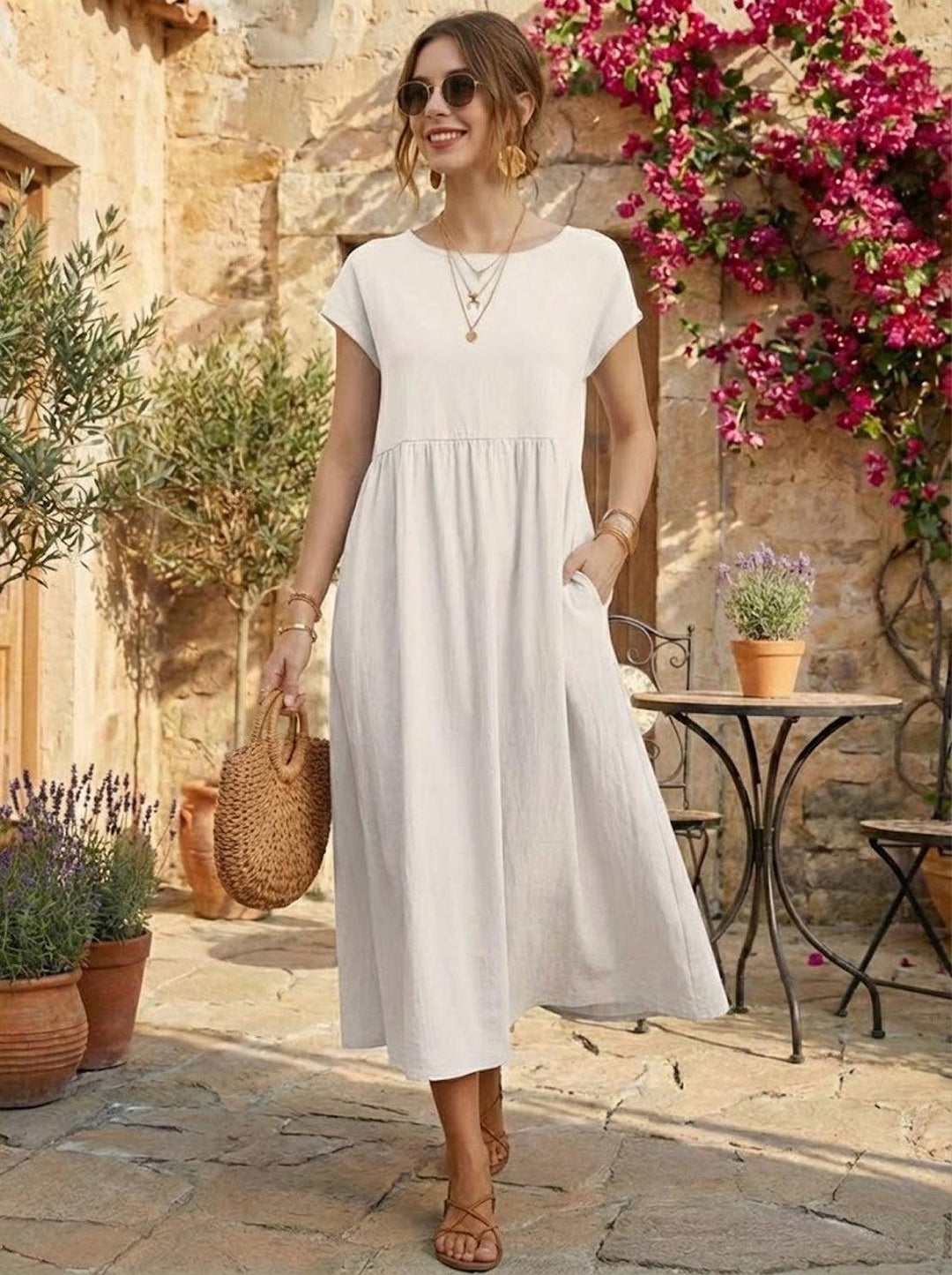 Capped-sleeve, Voluminous Pleated Midi Dress white image 6 