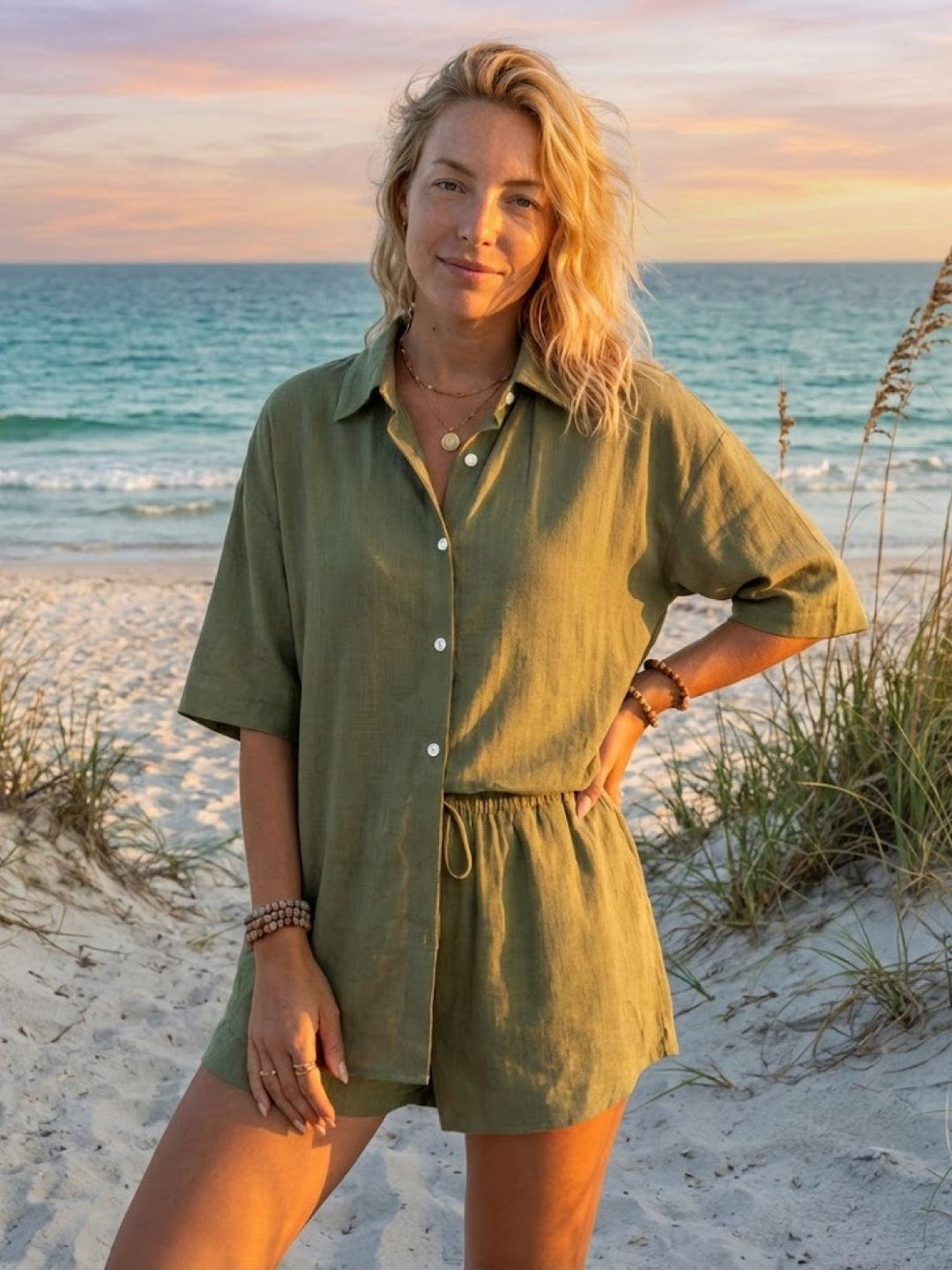 Coastal Linen Cotton Two Piece Set army green image 2 