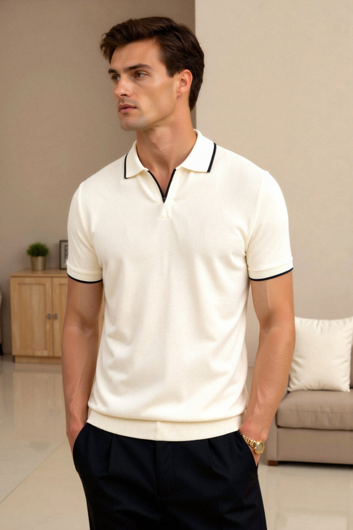 CONTRAST TIPPED COTTON V-NECK POLO
