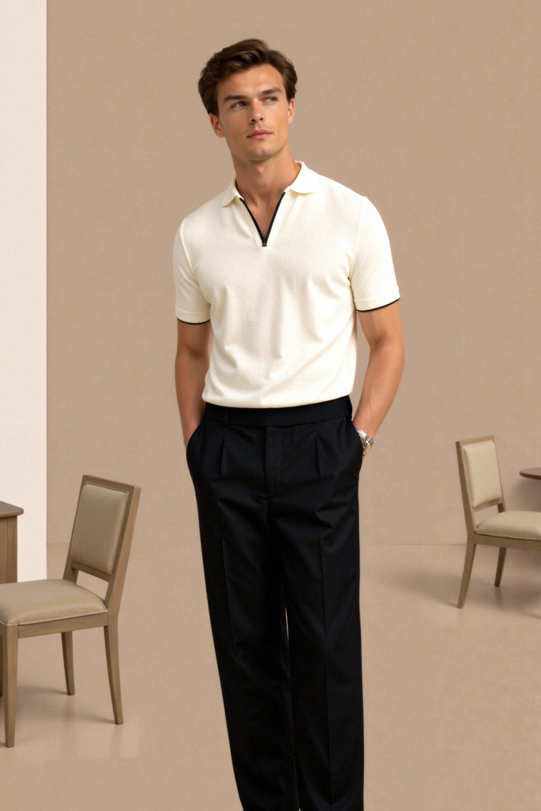 CONTRAST TIPPED COTTON V-NECK POLO