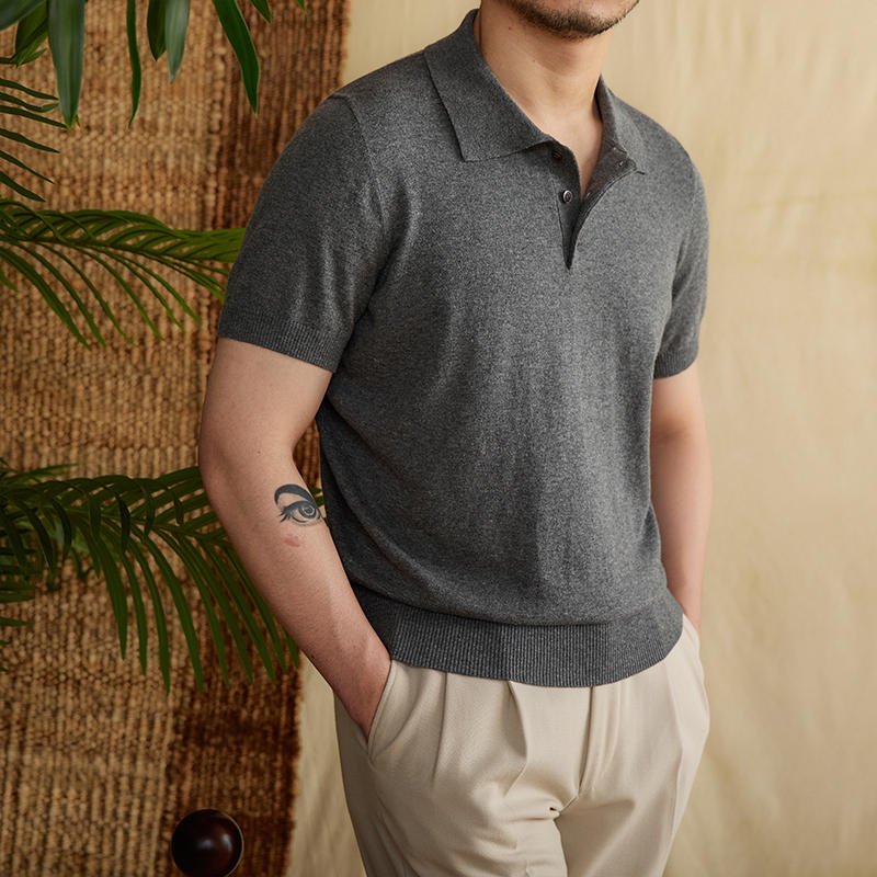 COTTON-LINEN BUTTONED KNIT POLO