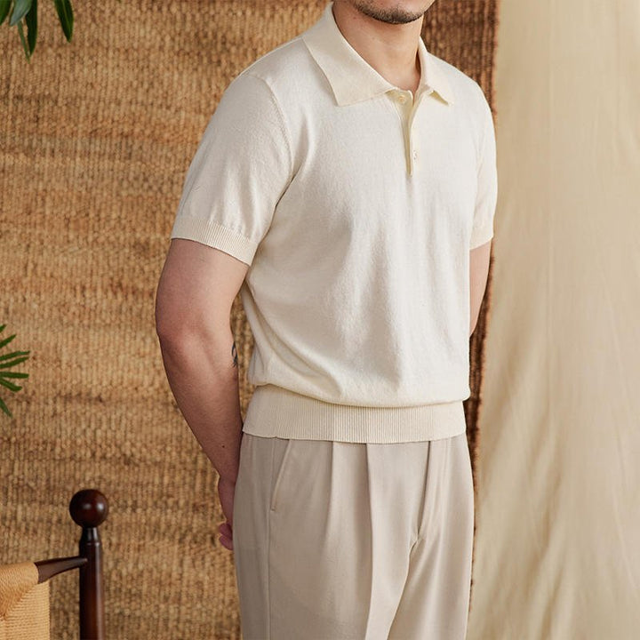 COTTON-LINEN BUTTONED KNIT POLO