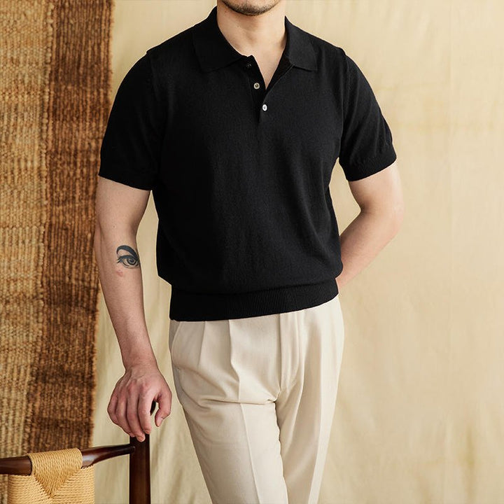 COTTON-LINEN BUTTONED KNIT POLO