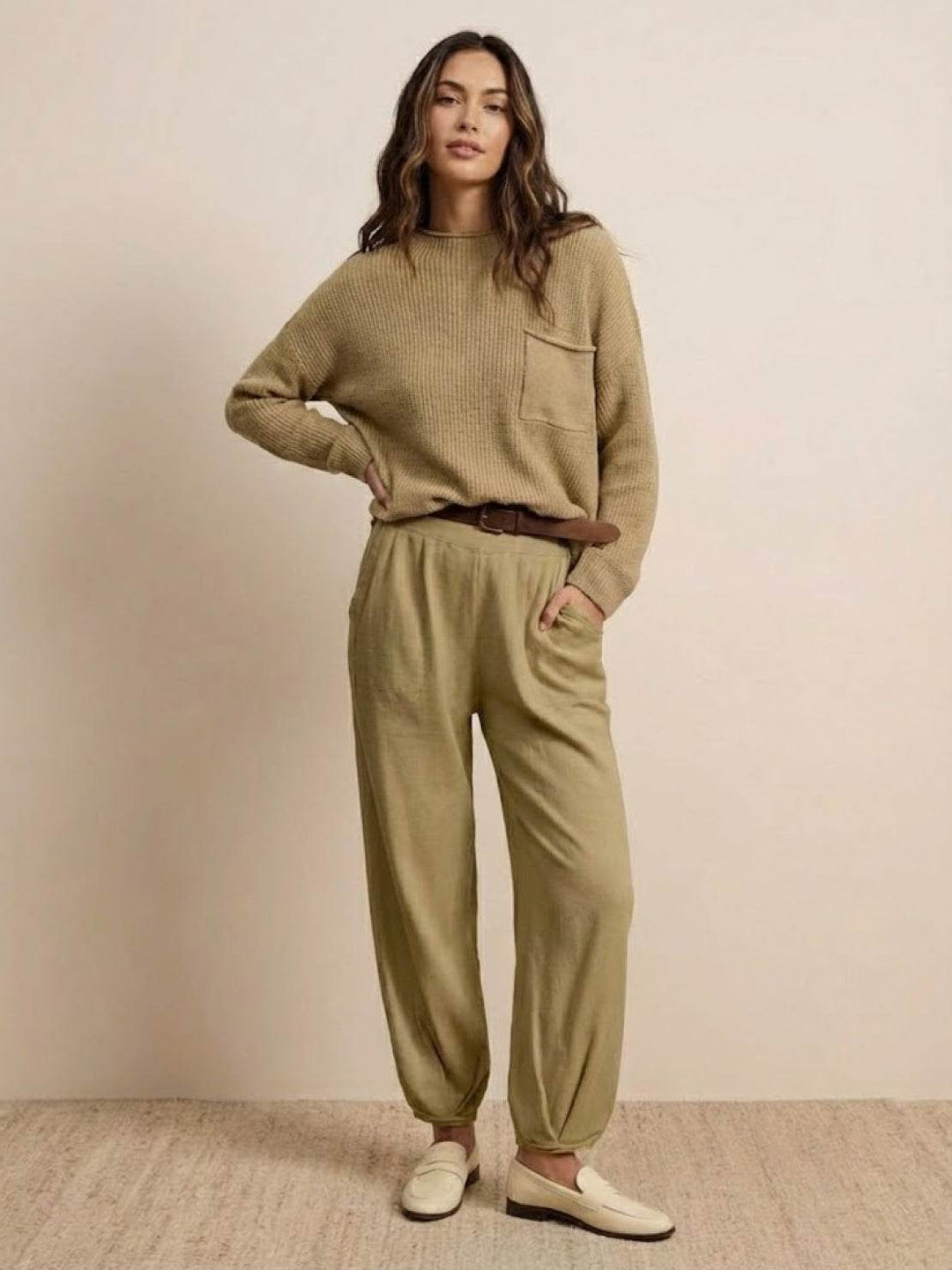 European Minimalism: Relaxed Sweater Top And Trouser Set brown image 1 