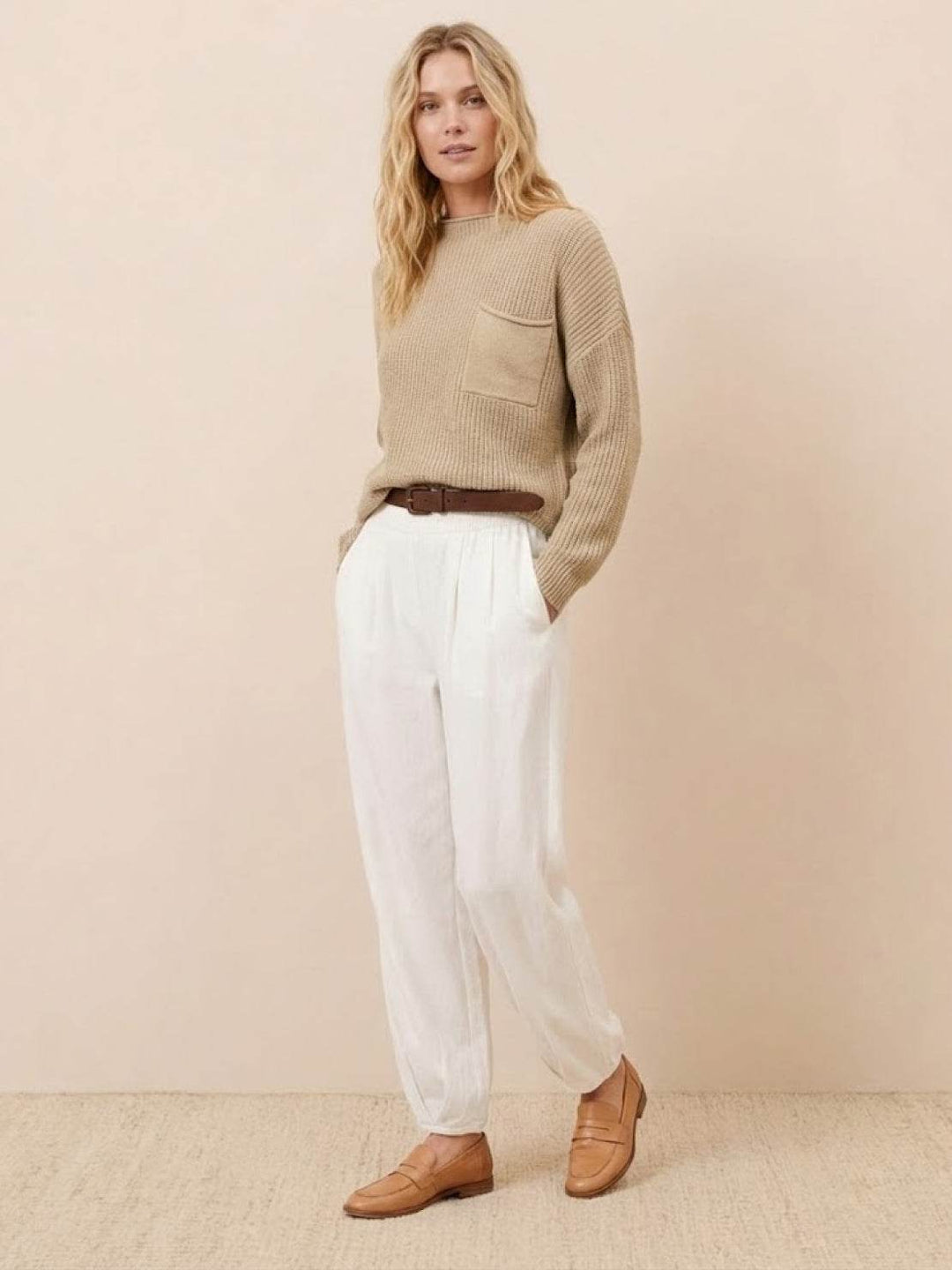 European Minimalism: Relaxed Sweater Top And Trouser Set khaki &amp; white image 1 