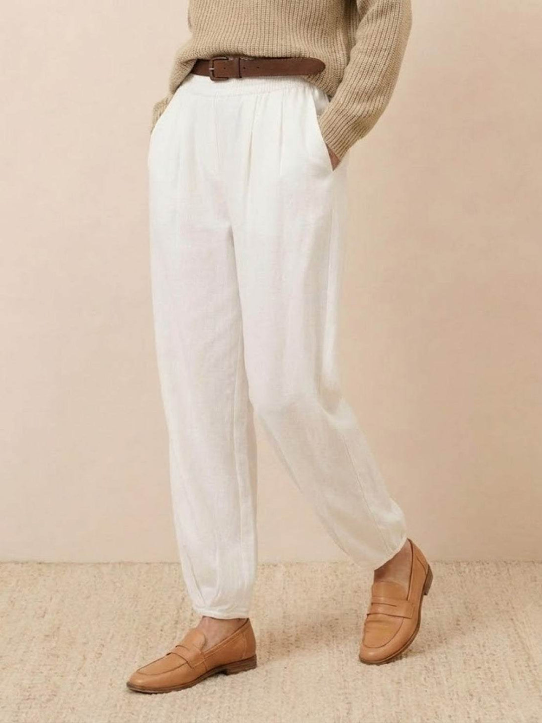 European Minimalism: Relaxed Sweater Top And Trouser Set khaki &amp; white image 4 