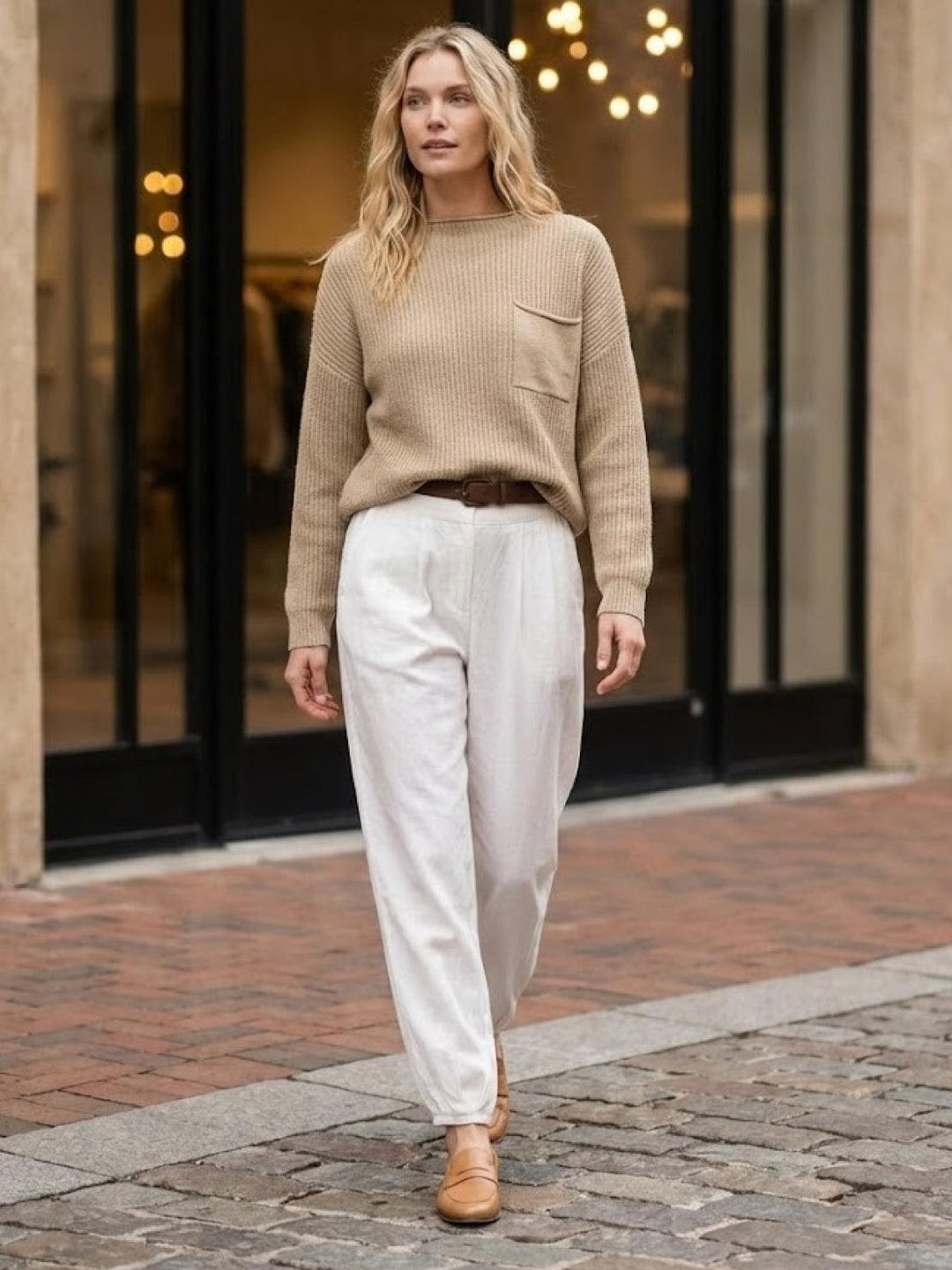 European Minimalism: Relaxed Sweater Top And Trouser Set khaki &amp; white image 6 