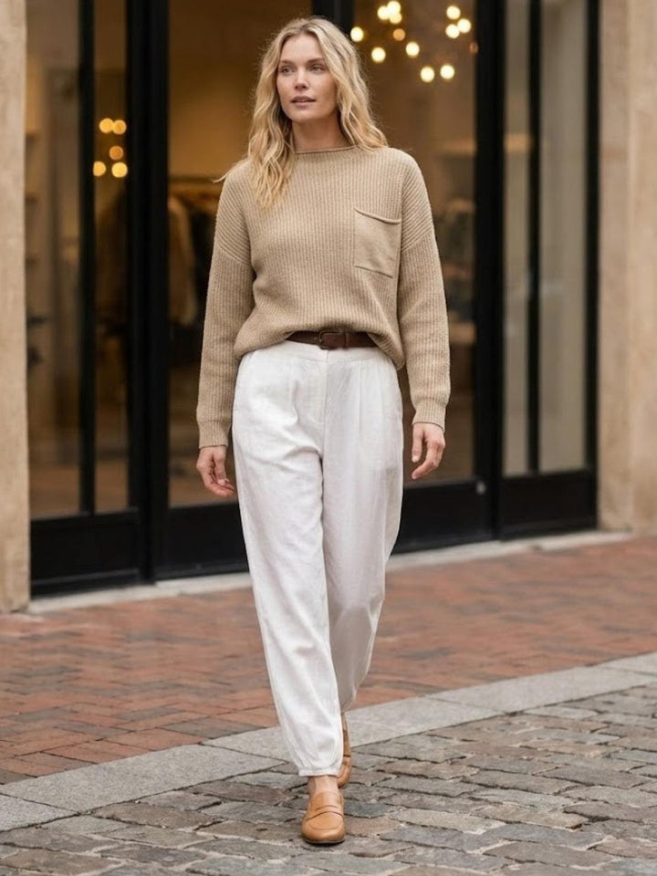 European Minimalism: Relaxed Sweater Top And Trouser Set khaki &amp; white image 6 