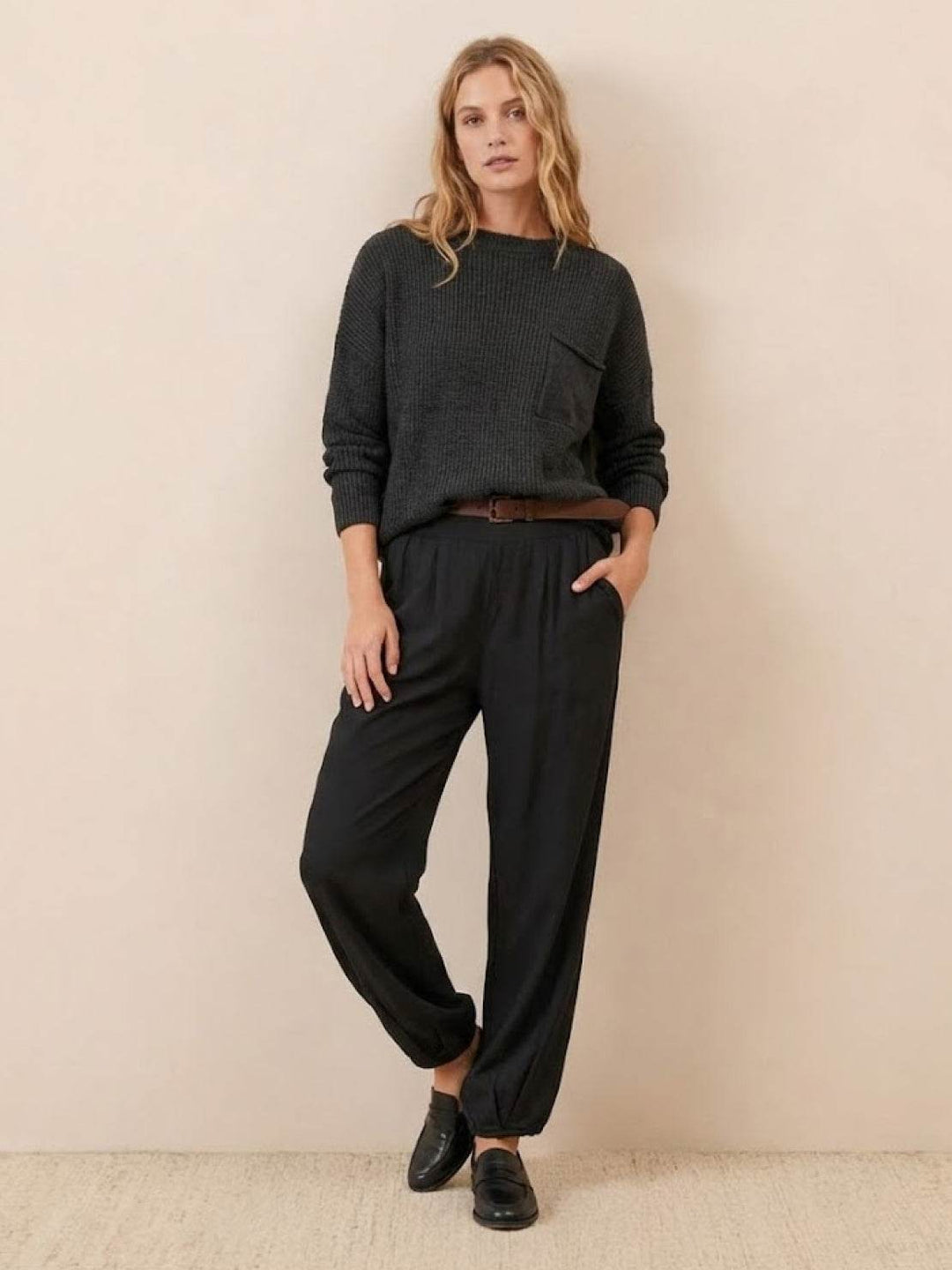 European Minimalism: Relaxed Sweater Top And Trouser Set black image 1 