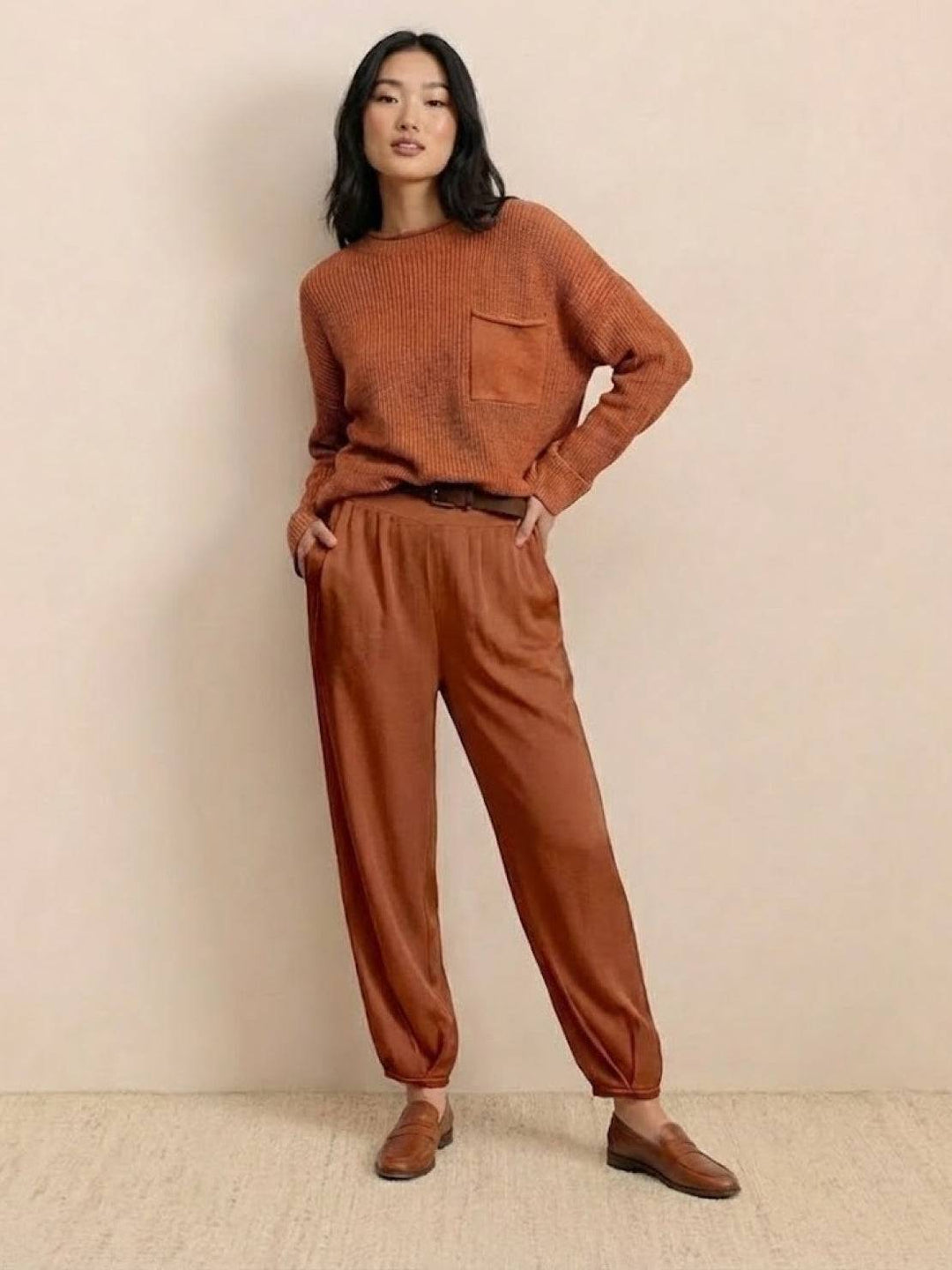 European Minimalism: Relaxed Sweater Top And Trouser Set rusty orange image 1 