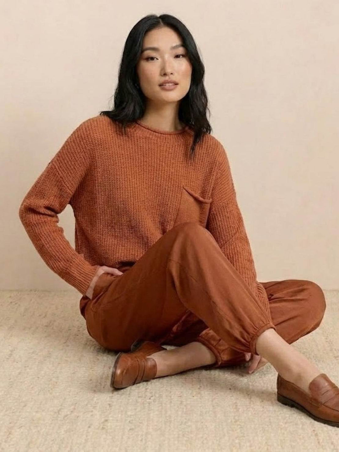 European Minimalism: Relaxed Sweater Top And Trouser Set rusty orange image 5 