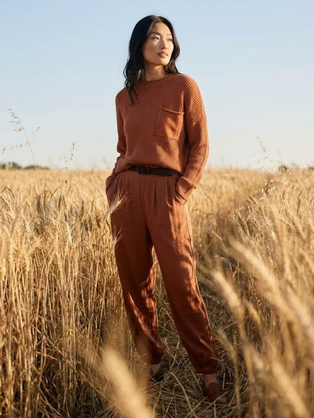 European Minimalism: Relaxed Sweater Top And Trouser Set rusty orange image 6 