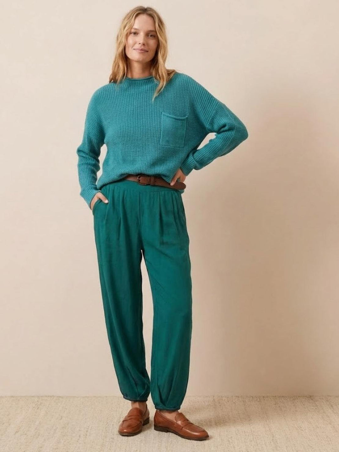 European Minimalism: Relaxed Sweater Top And Trouser Set turquoise image 1 