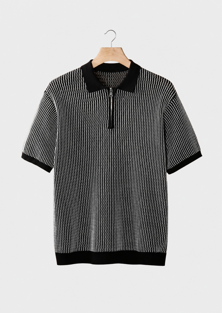 Geometric Textured Zipper Polo black image 1 #color_black