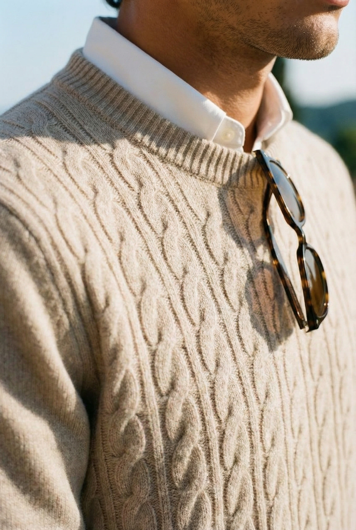 Smart Luxury Crewneck Cashmere Cable Knit Sweater