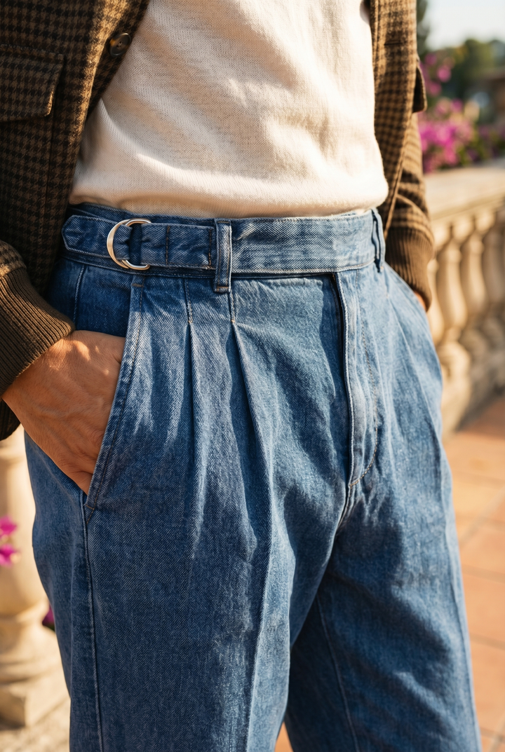 Men High-Waisted Straight Leg Faux Denim Trousers