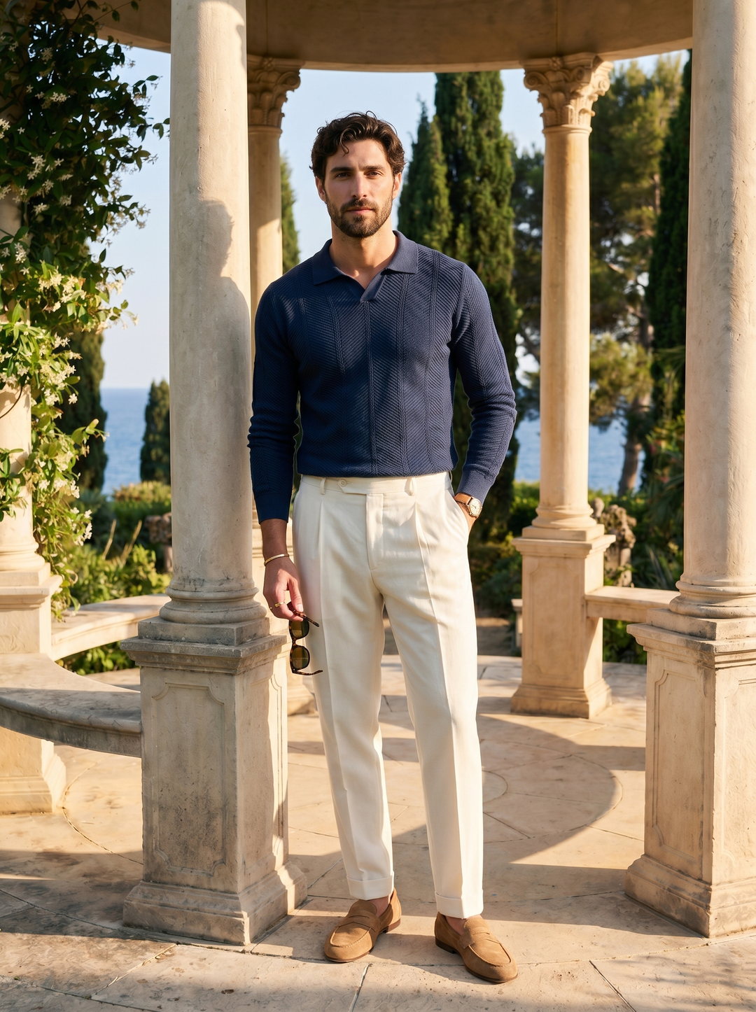 Old Money Long Sleeves Textured Cotton Polo Sweater