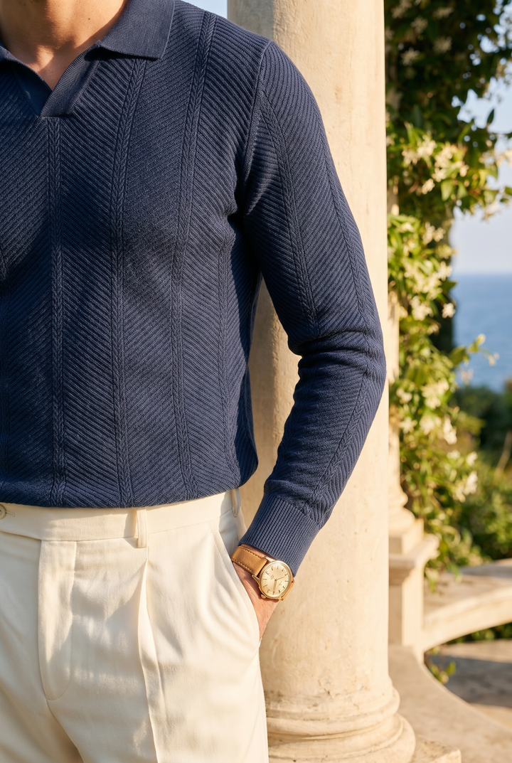 Old Money Long Sleeves Textured Cotton Polo Sweater