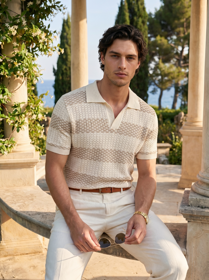 Old Money Striped Waffle-Knit Polo Shirt