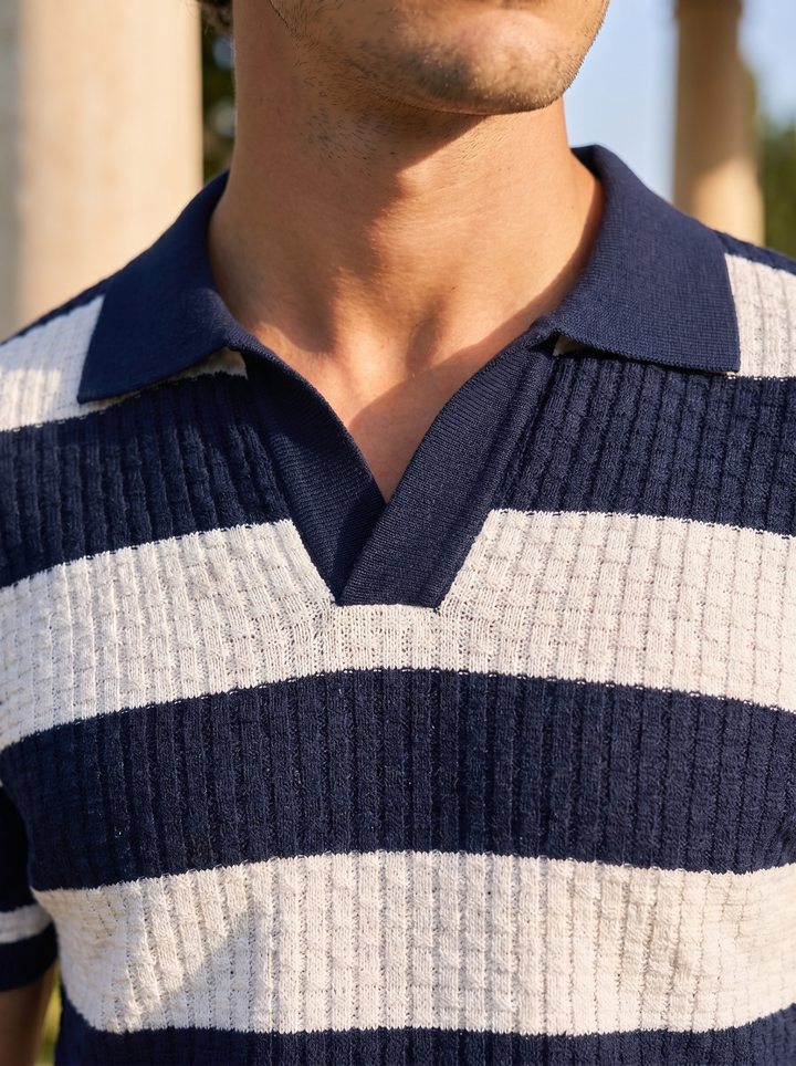 Old Money Striped Waffle-Knit Polo Shirt