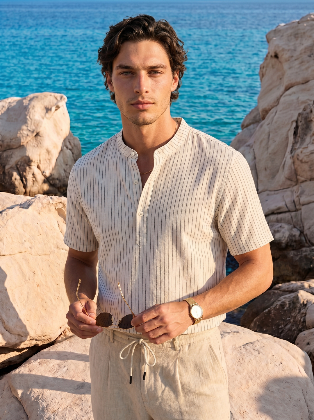 Old Money Elegant Striped Linen Henley Shirt