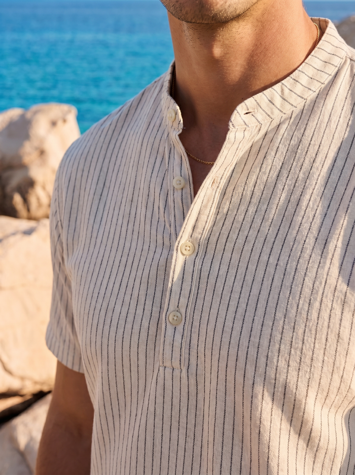 Old Money Elegant Striped Linen Henley Shirt