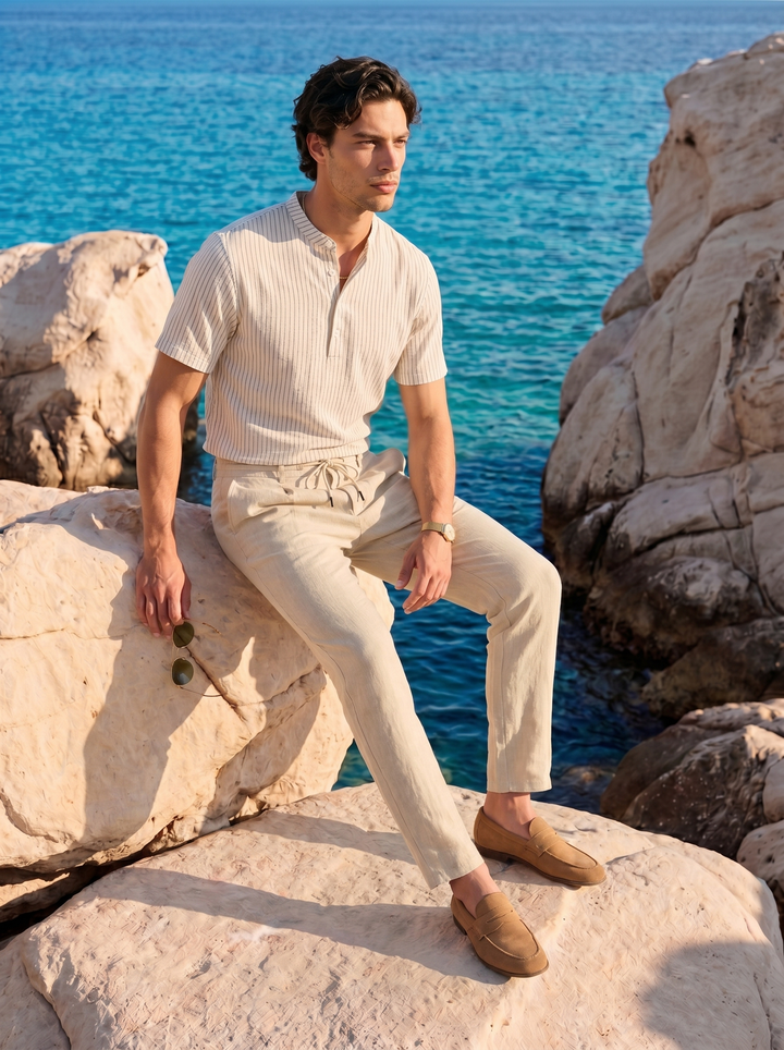 Old Money Elegant Striped Linen Henley Shirt