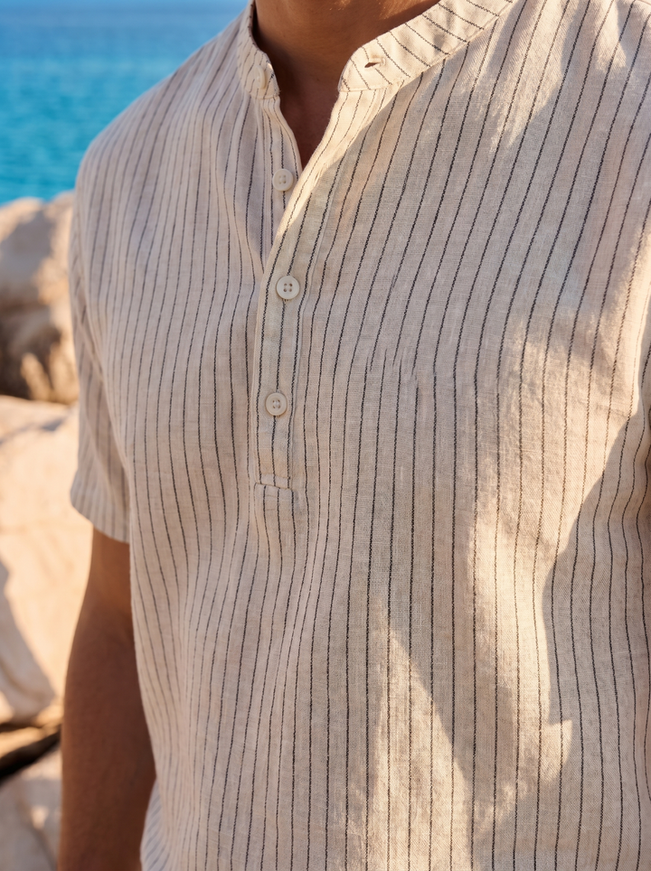 Old Money Elegant Striped Linen Henley Shirt
