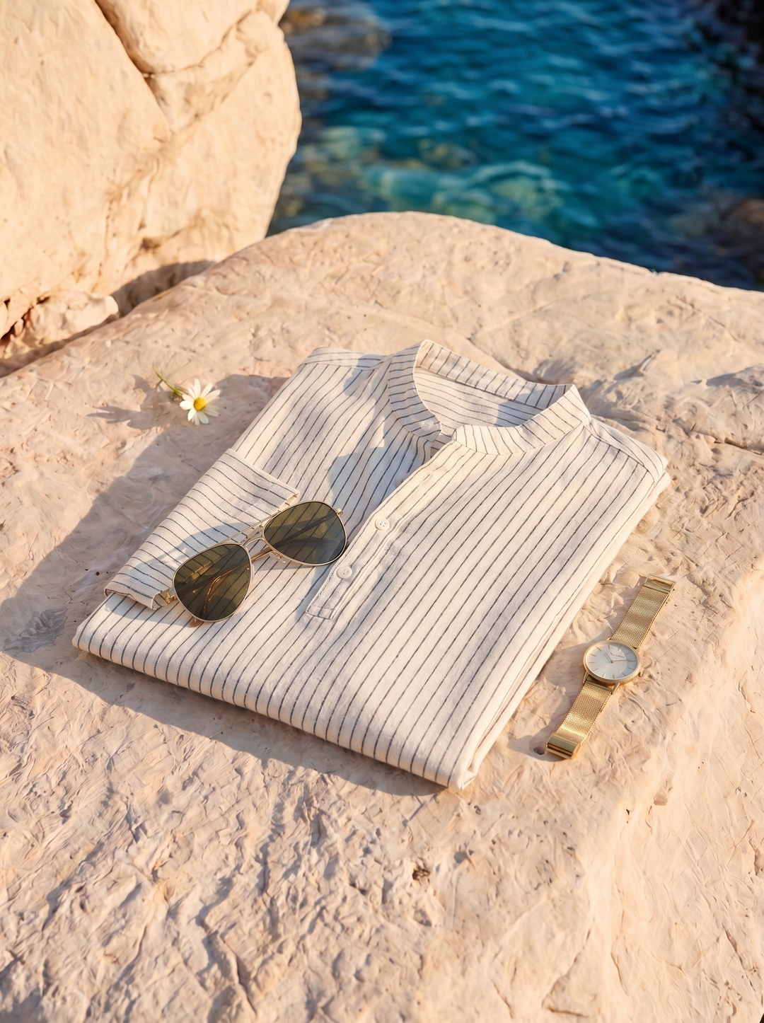 Old Money Elegant Striped Linen Henley Shirt