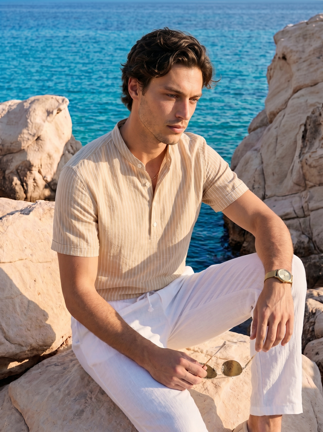 Old Money Elegant Striped Linen Henley Shirt