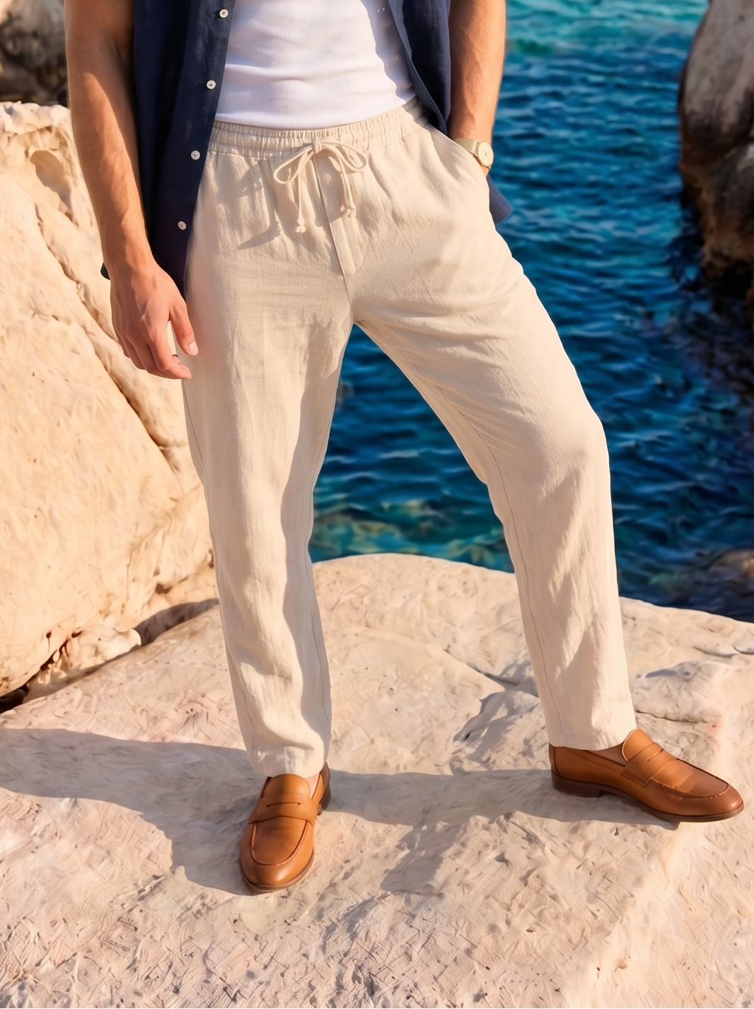 Old Money Linen Drawstring Casual Trousers