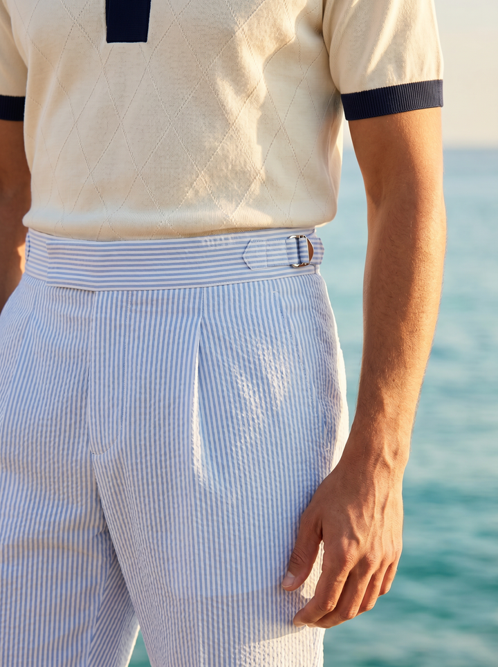 Old Money Blue Pinstripe Seersucker Trousers