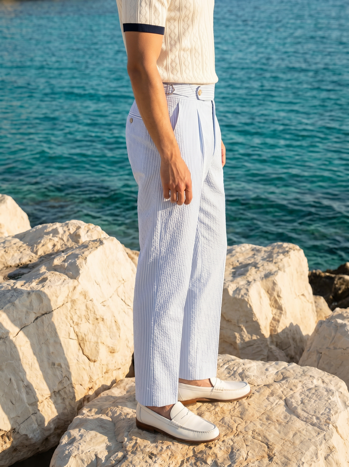 Old Money Blue Pinstripe Seersucker Trousers