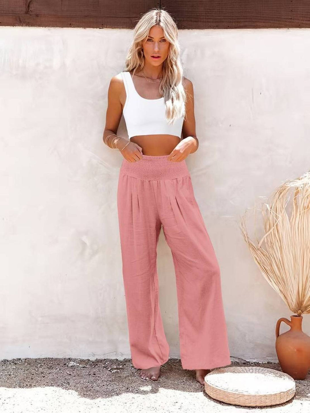 High-Waist Cotton Linen Palazzo Pants lightpink image 5 