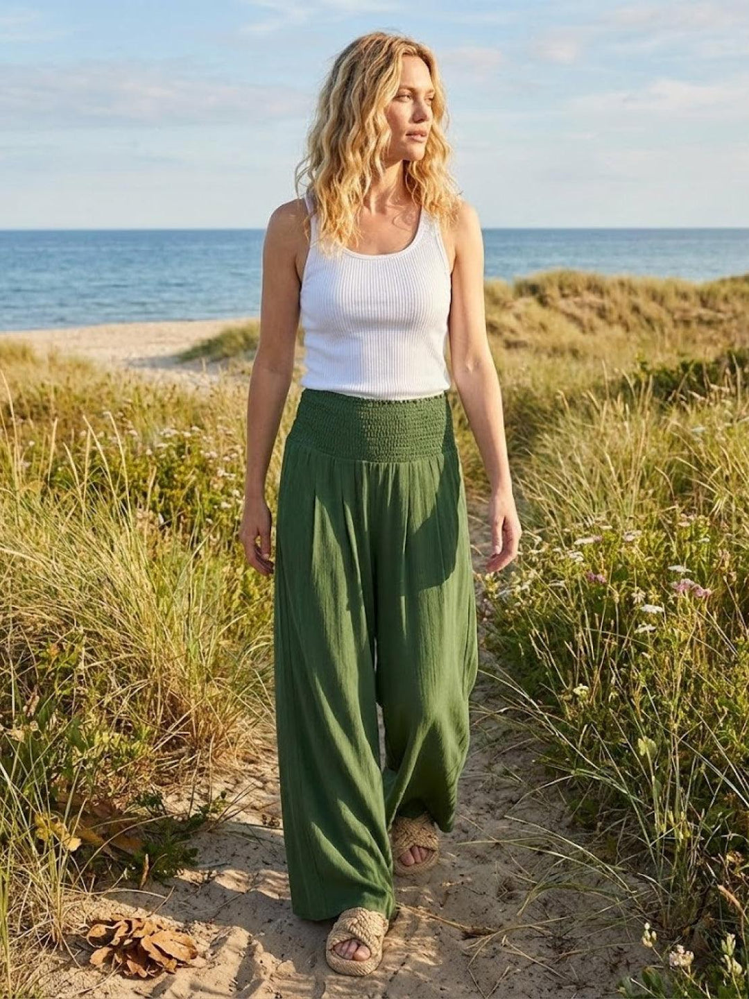 High-Waist Cotton Linen Palazzo Pants army green image 5 